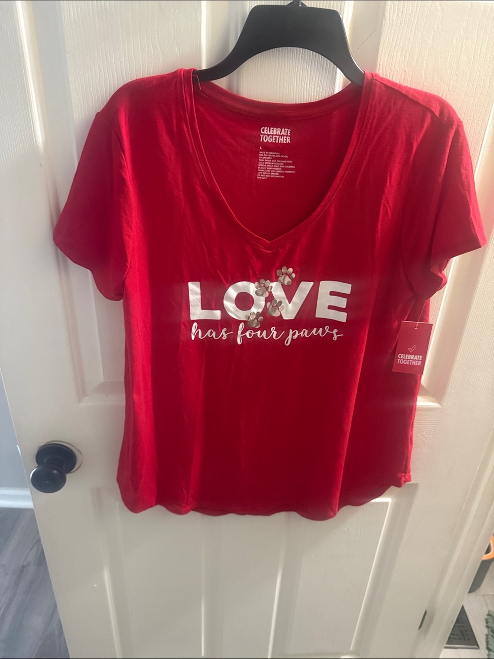 Celebrate Together Red V-Neck Tee - "Love Has Four Paws"